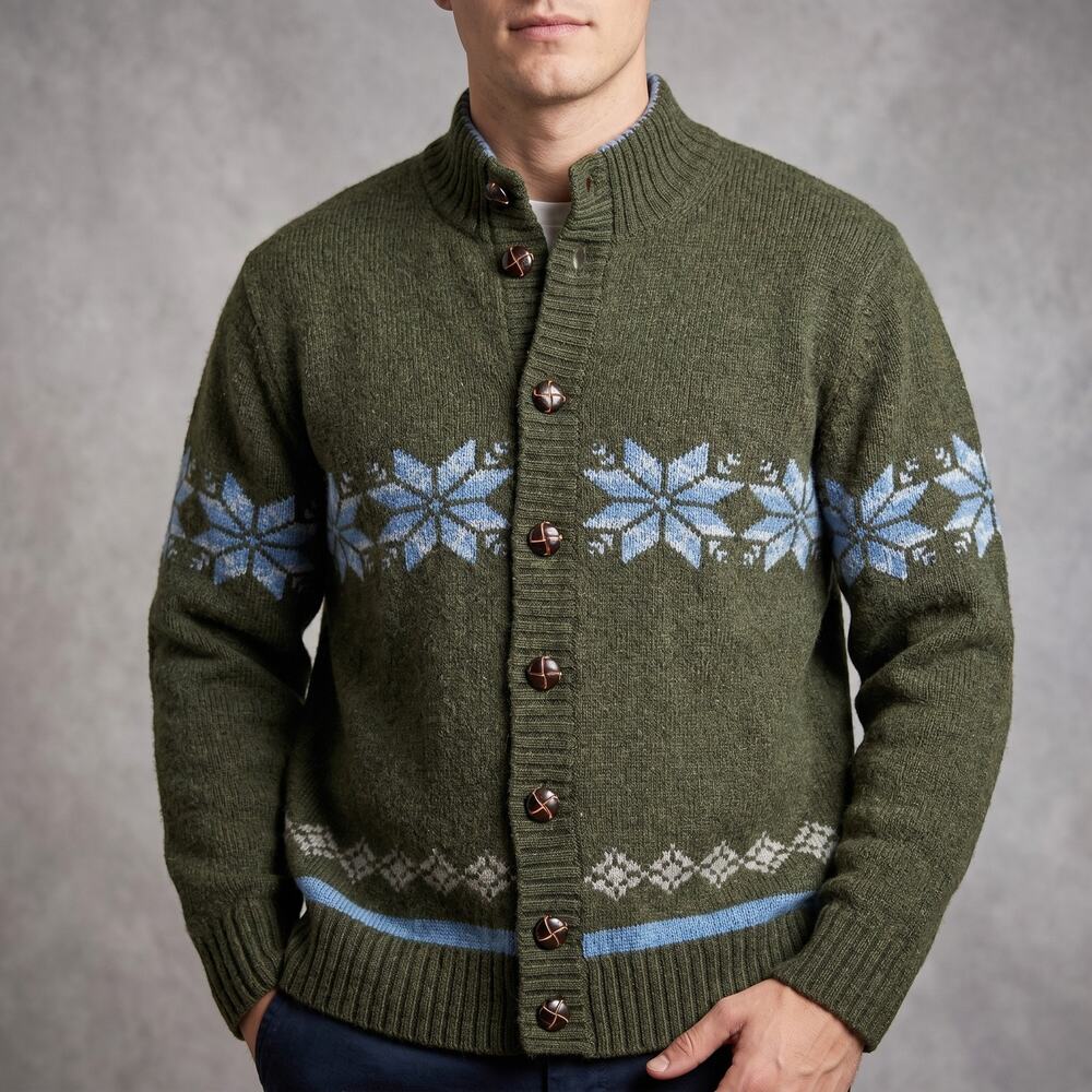 Eddie Bauer Men's Lambswool Cardigan Nordic Fair Isle Snowflake Olive Green L